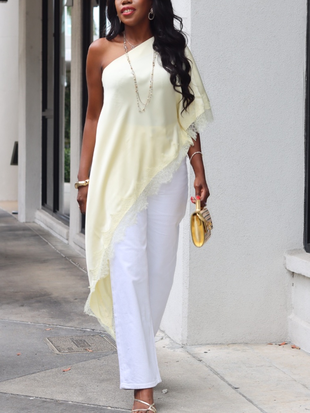 ASYMMETRICAL ONE SLEEVE LACE TRIM LIGHT YELLOW TOP - NWT - Picture 13 of 14